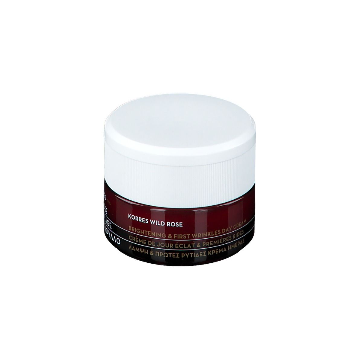 KORRES Wild Rose crème de jour. Couvercle blanc, contenant bordeaux. Texte: Brightening & First Wrinkles Day Cream.