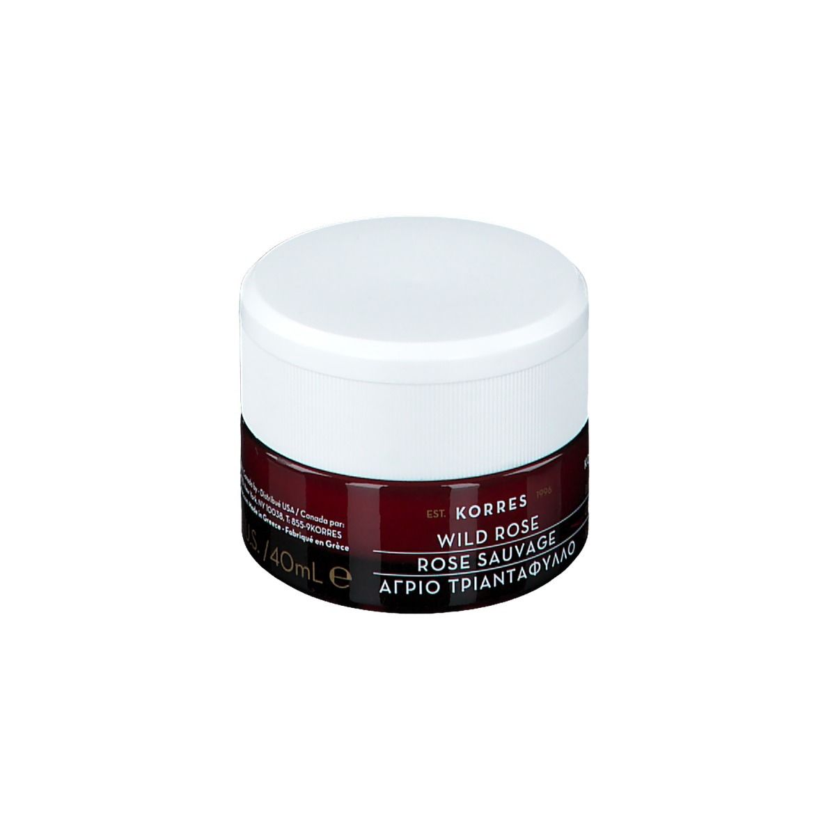 KORRES Wild Rose crème de jour. Couvercle blanc, contenant bordeaux. Texte: 40ml.
