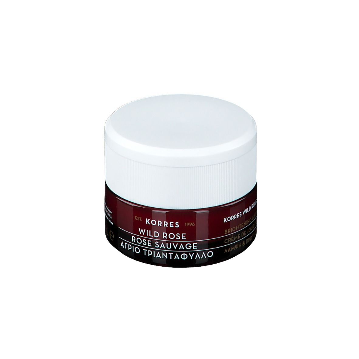 KORRES Wild Rose crème de jour. Couvercle blanc, contenant bordeaux. Texte: Wild Rose, Rose Sauvage, ΑΓΡΙΟ ΤΡΙΑΝΤΑΦΥΛΛΟ.