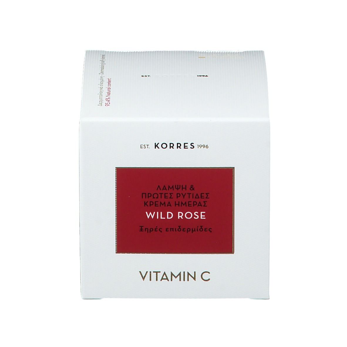 Emballage KORRES Wild Rose. Boîte blanche avec encart rouge. Texte: Vitamin C, Wild Rose, crème pour peaux sèches.