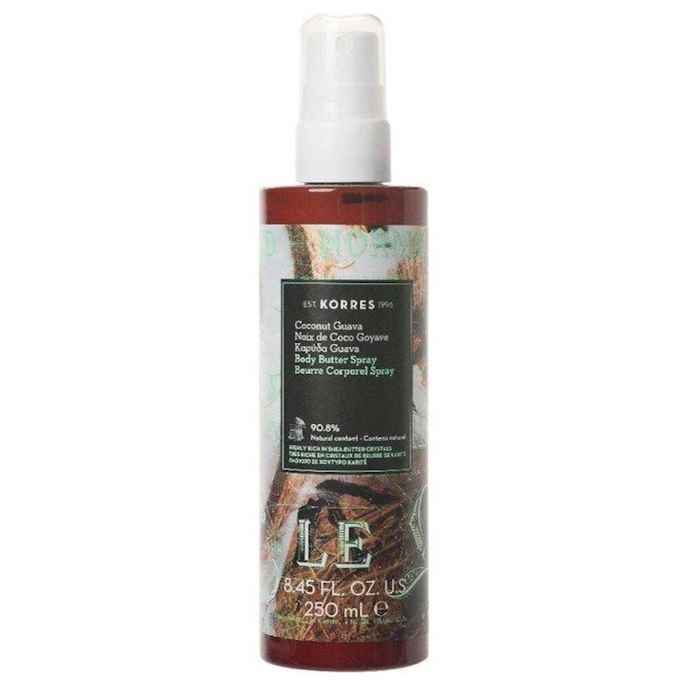 Spray beurre corporel. Flacon avec vaporisateur. Étiquette avec nom du produit et ingrédients. Marque KORRES.
