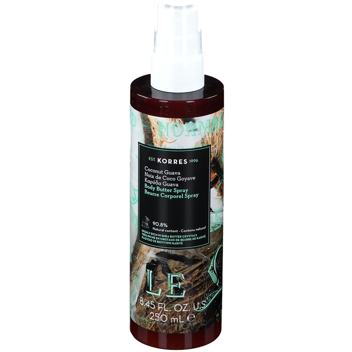 Spray beurre corporel. Flacon avec vaporisateur. Étiquette avec nom du produit et ingrédients. Marque KORRES.