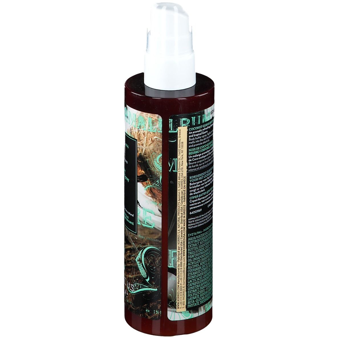 Spray beurre corporel. Flacon avec vaporisateur. Étiquette avec nom du produit et ingrédients. Marque KORRES.