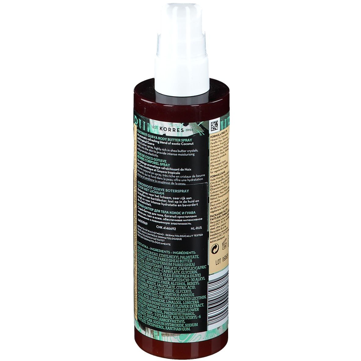 Spray beurre corporel. Flacon avec vaporisateur. Étiquette avec nom du produit et ingrédients. Marque KORRES.