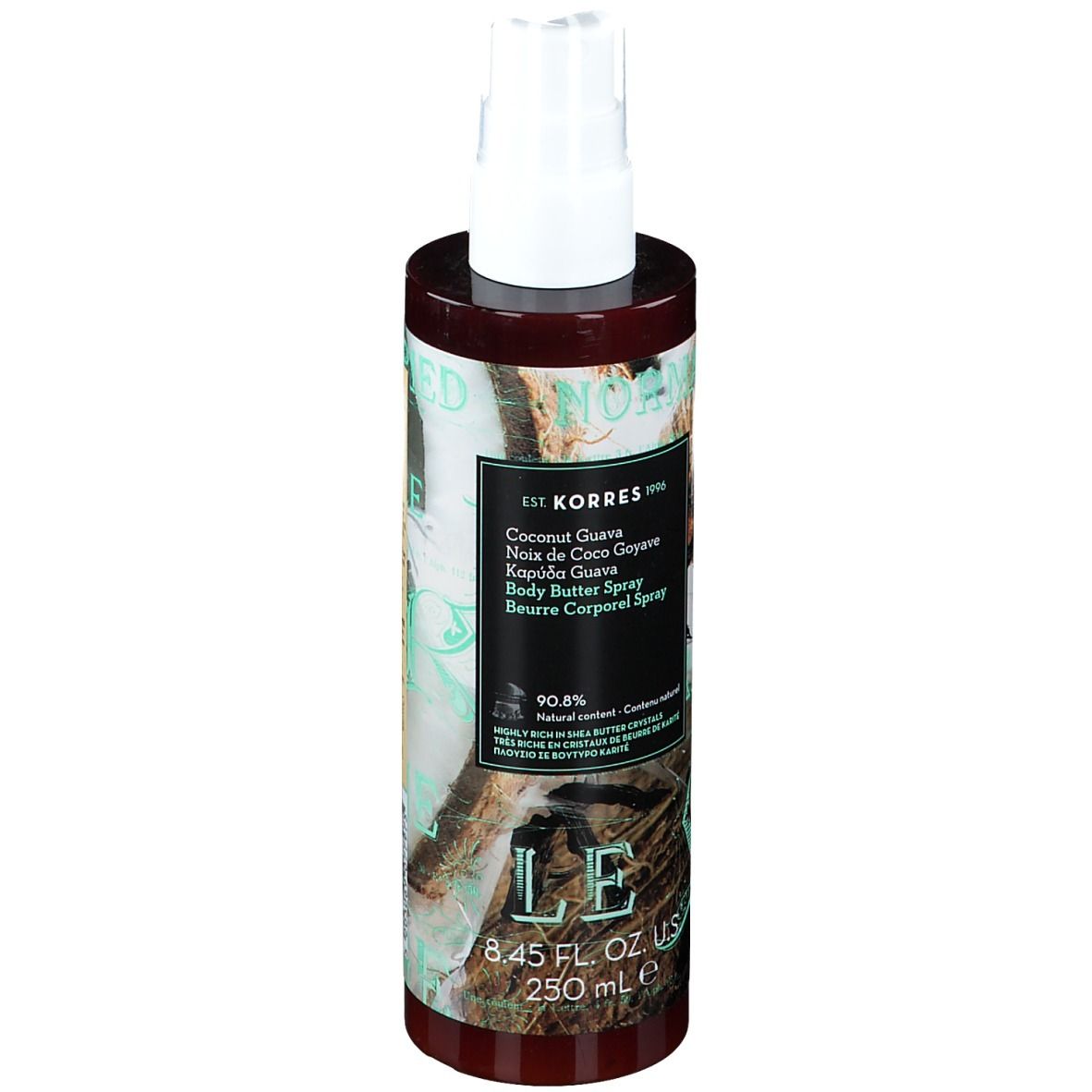 Spray beurre corporel. Flacon avec vaporisateur. Étiquette avec nom du produit et ingrédients. Marque KORRES.
