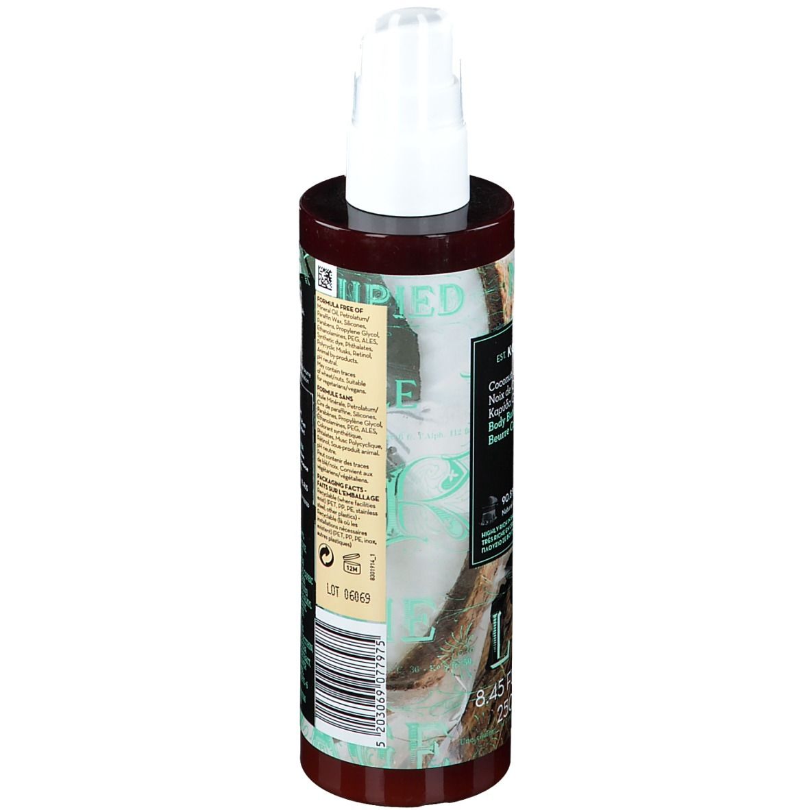 Spray beurre corporel. Flacon avec vaporisateur. Étiquette avec nom du produit et ingrédients. Marque KORRES.
