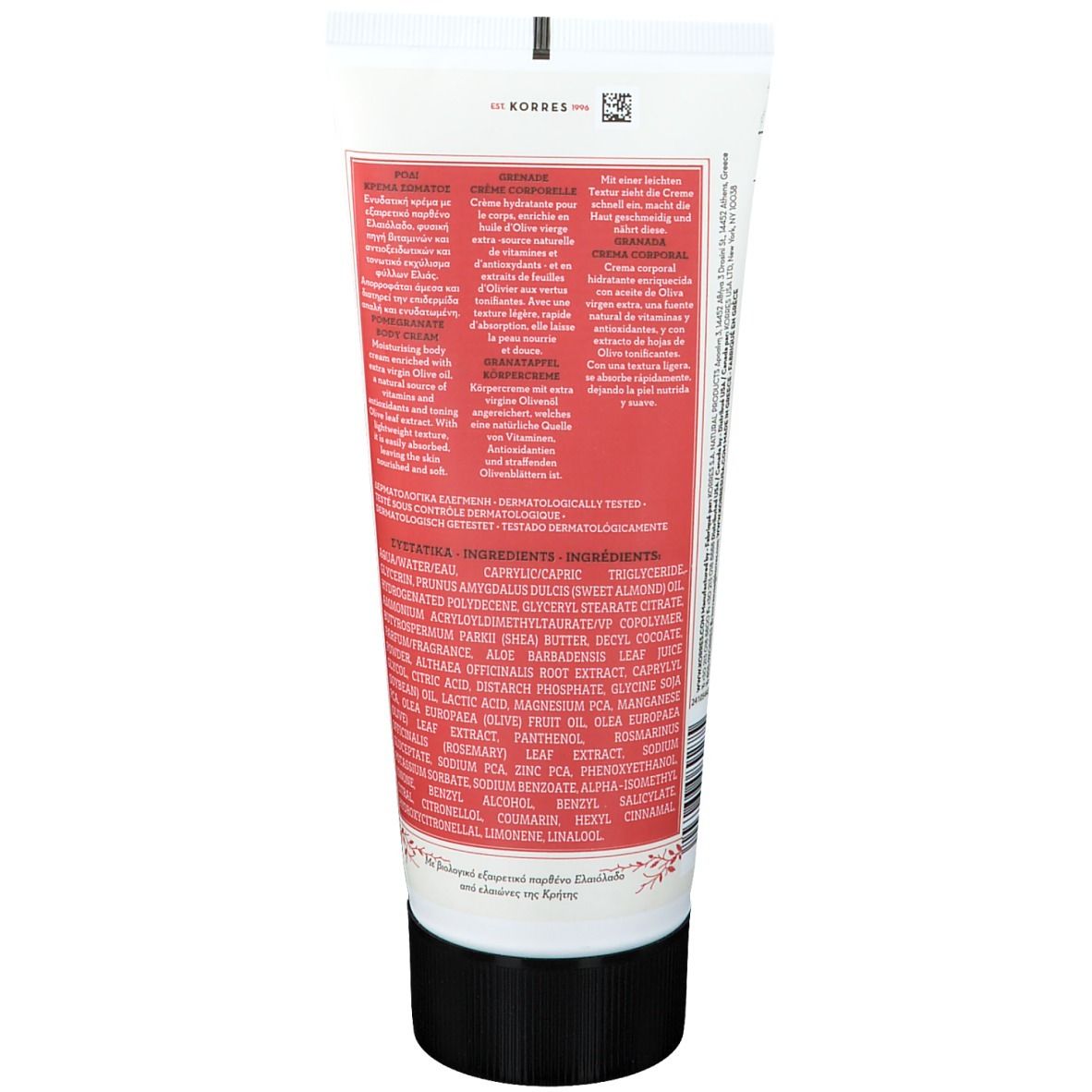 Körpermilch-Tube, weiß mit rotem Etikett. Schwarzer Schraubverschluss. Text: KORRES, Inhaltsstoffe, dermatologisch getestet.