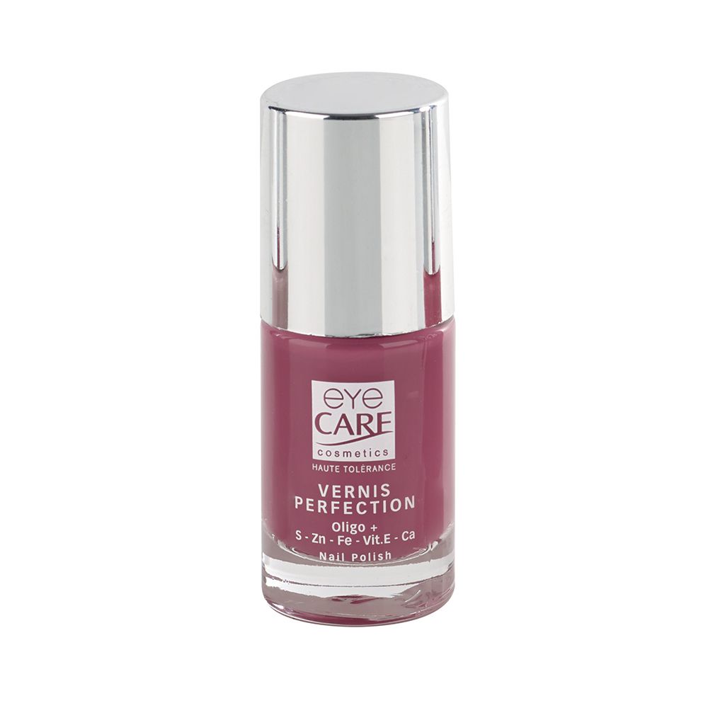 Flacon de vernis à ongles avec bouchon argenté. Inscription : eye CARE cosmetics, Vernis Perfection, Oligo + 5-Zn-Fe-Vit.E-Ca.