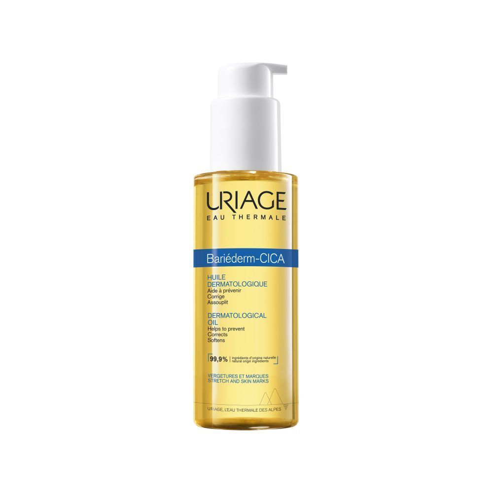 Uriage Bariéderm CICA-HUILE. Flacon d'huile avec pompe. Liquide jaune. Nom du produit et logo.