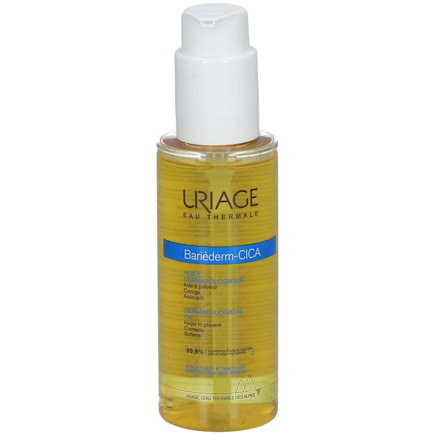 Uriage Bariéderm CICA-HUILE. Flacon d'huile avec pompe. Liquide jaune. Logo Uriage et nom du produit visibles.