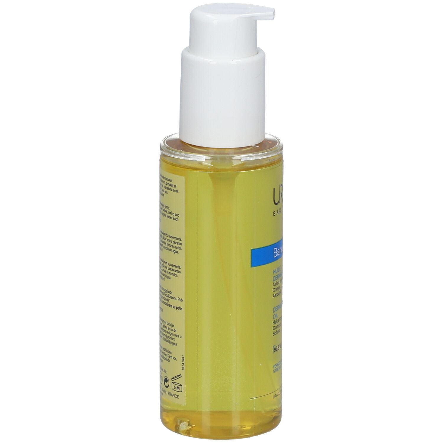 Uriage Bariéderm CICA-HUILE. Flacon d'huile avec pompe. Liquide jaune. Informations sur le produit sur la bouteille.