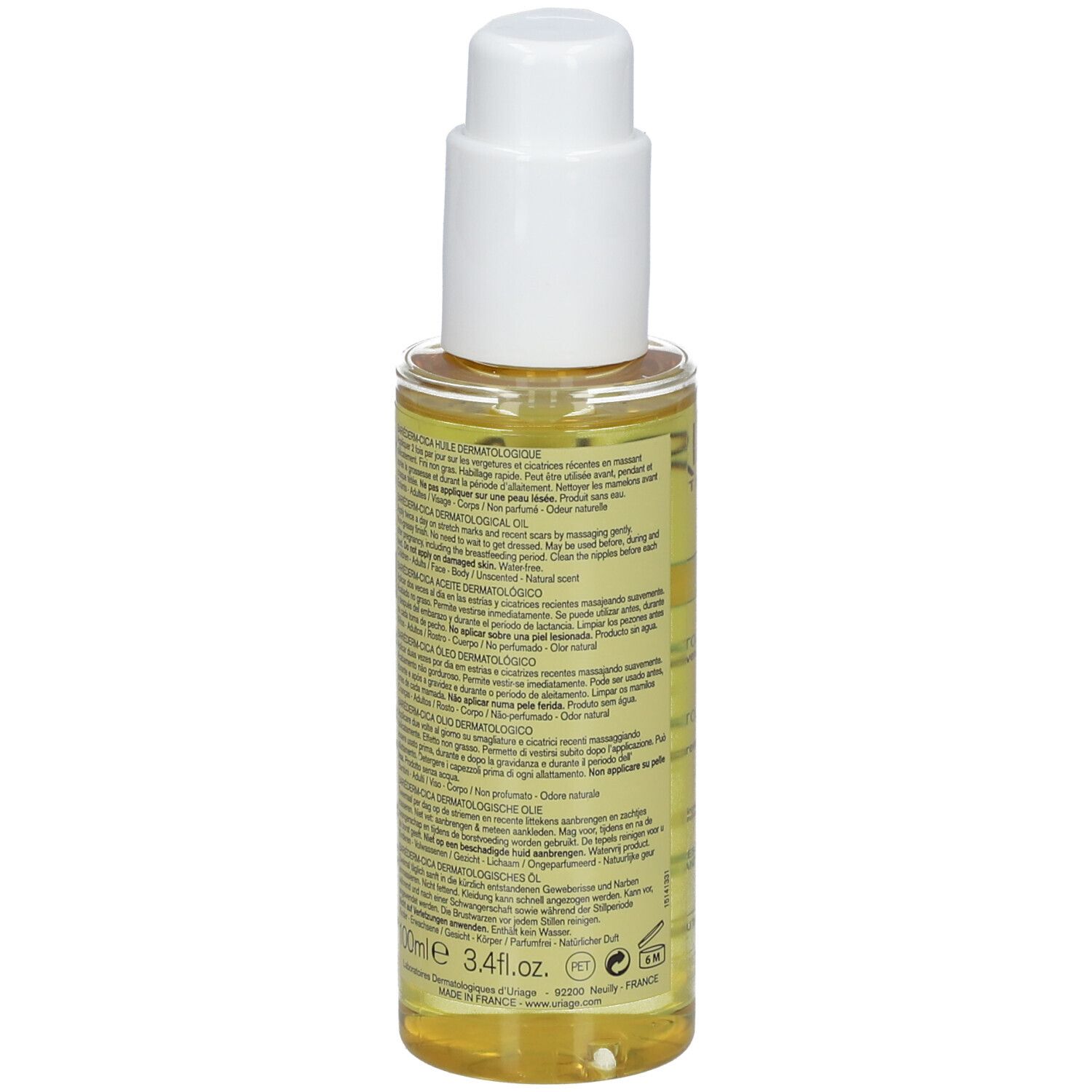 Uriage Bariéderm CICA-HUILE. Dos du flacon d'huile. Informations sur le produit et ingrédients.