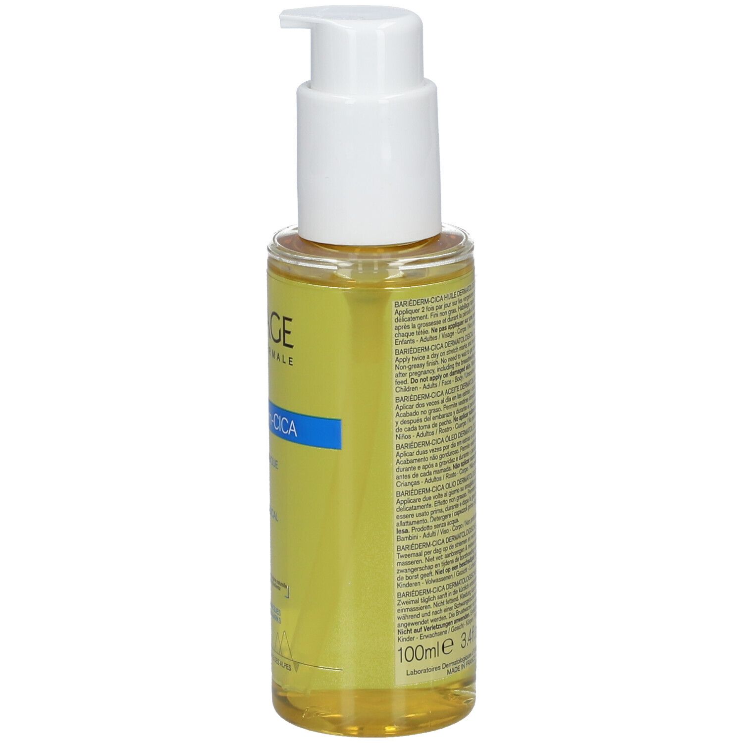 Uriage Bariéderm CICA-HUILE. Flacon d'huile avec pompe. Liquide jaune. Informations et texte sur le produit.