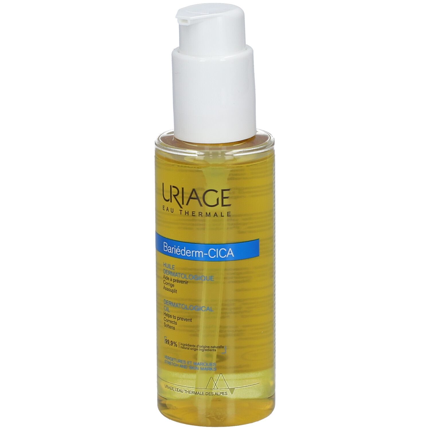Uriage Bariéderm CICA-HUILE. Flacon d'huile avec pompe. Liquide jaune. Nom du produit et logo.