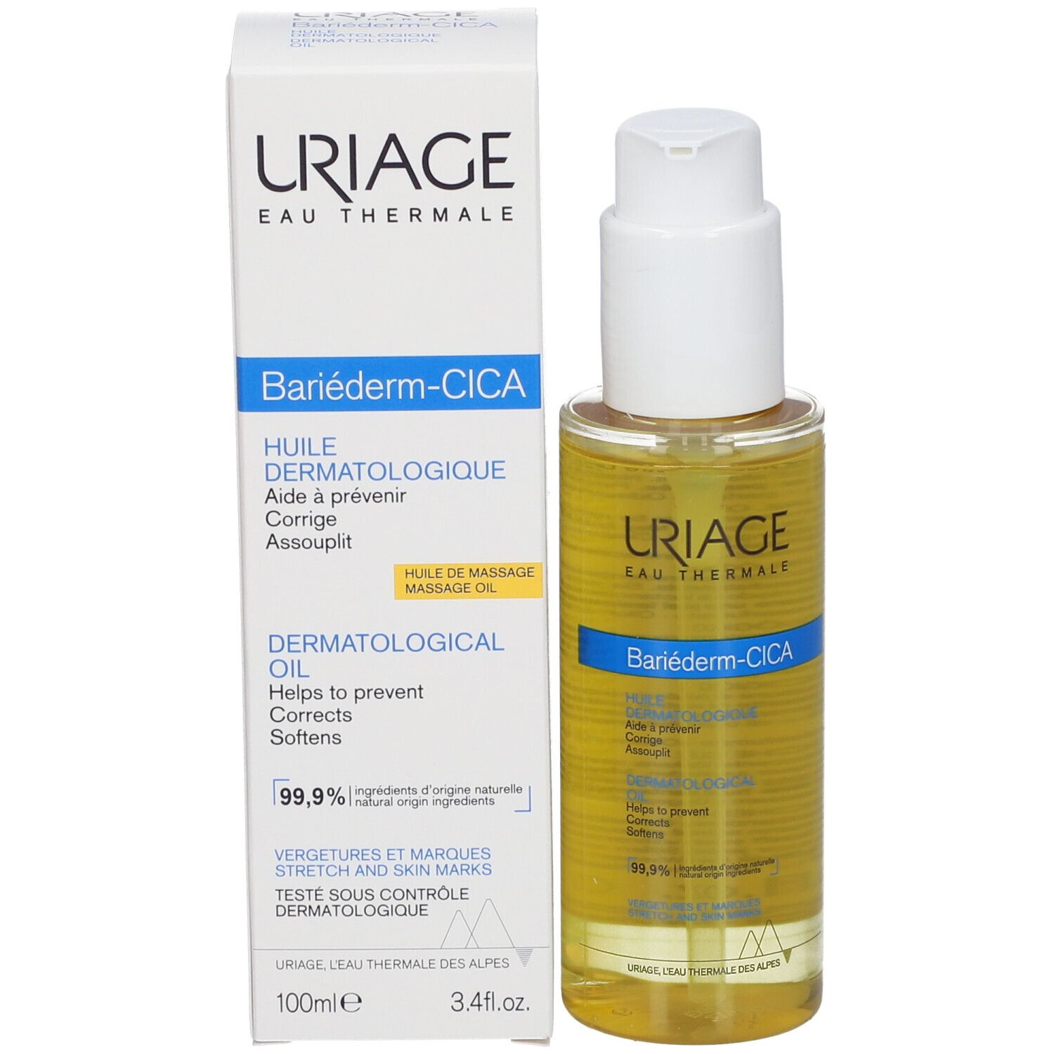 Uriage Bariéderm CICA-HUILE. Flacon d'huile et emballage. Nom du produit et informations.
