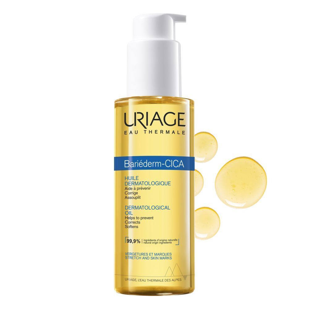 Uriage Bariéderm CICA-HUILE. Flacon d'huile avec pompe. Liquide jaune. Nom du produit et logo.