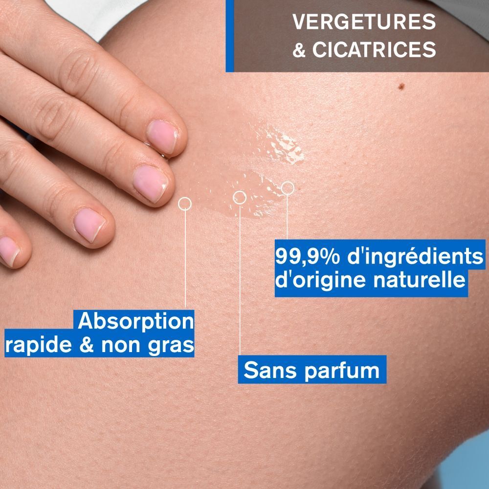 Peau avec huile. Texte: Absorption rapide, non gras. 99,9% ingrédients naturels. Sans parfum.