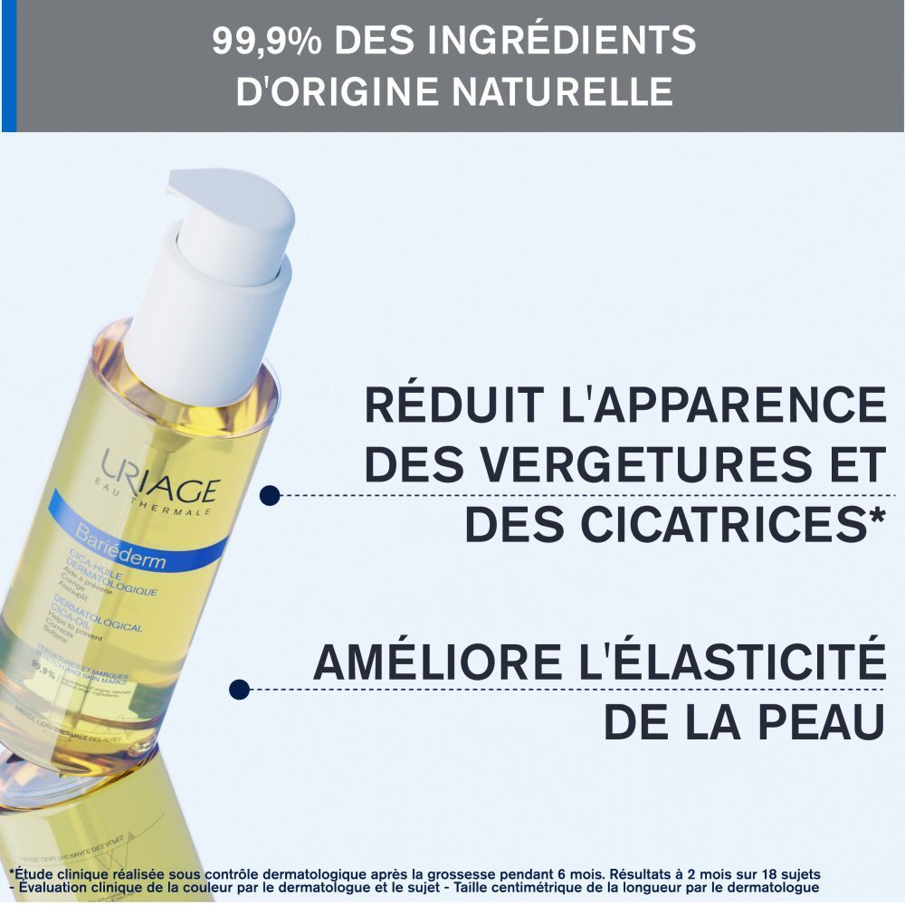 Uriage Bariéderm CICA-HUILE. Flacon d'huile et texte. Réduit vergetures et cicatrices. Améliore l'élasticité.