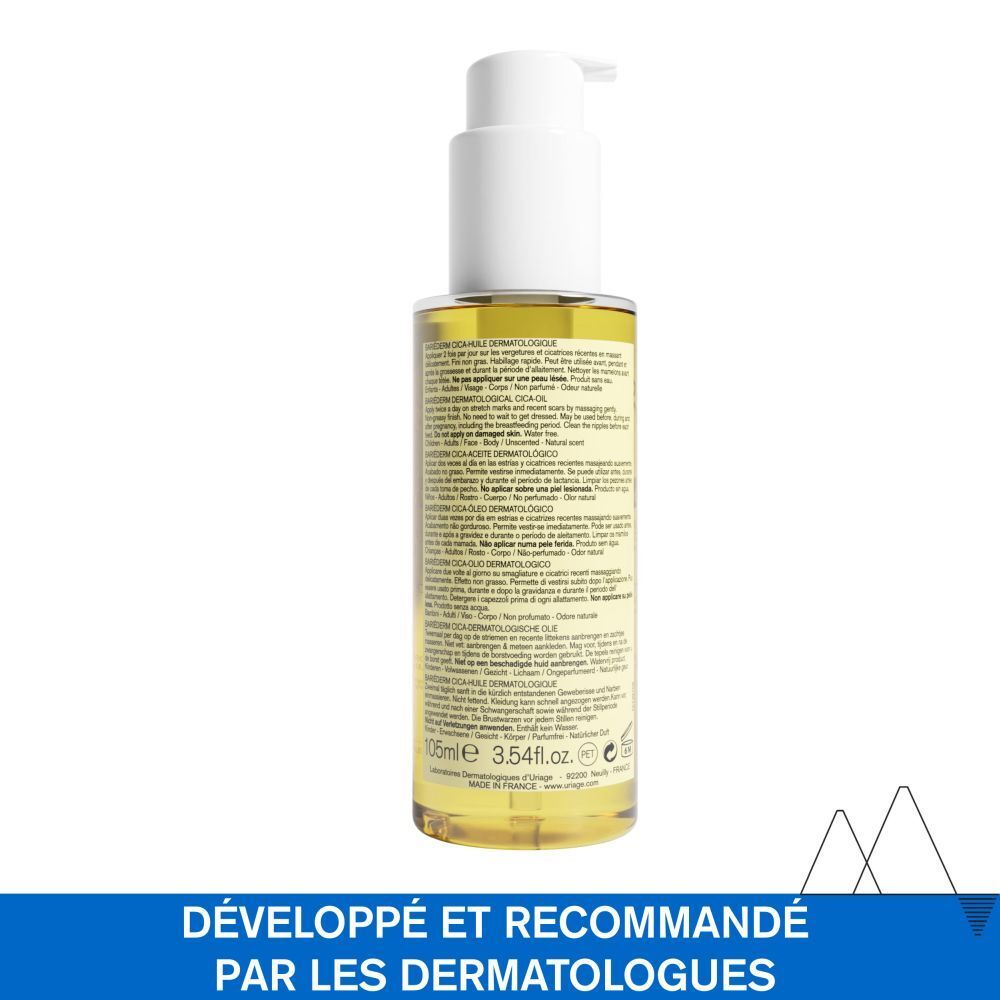 Uriage Bariéderm CICA-HUILE. Flacon d'huile. Texte: Développé et recommandé par les dermatologues.