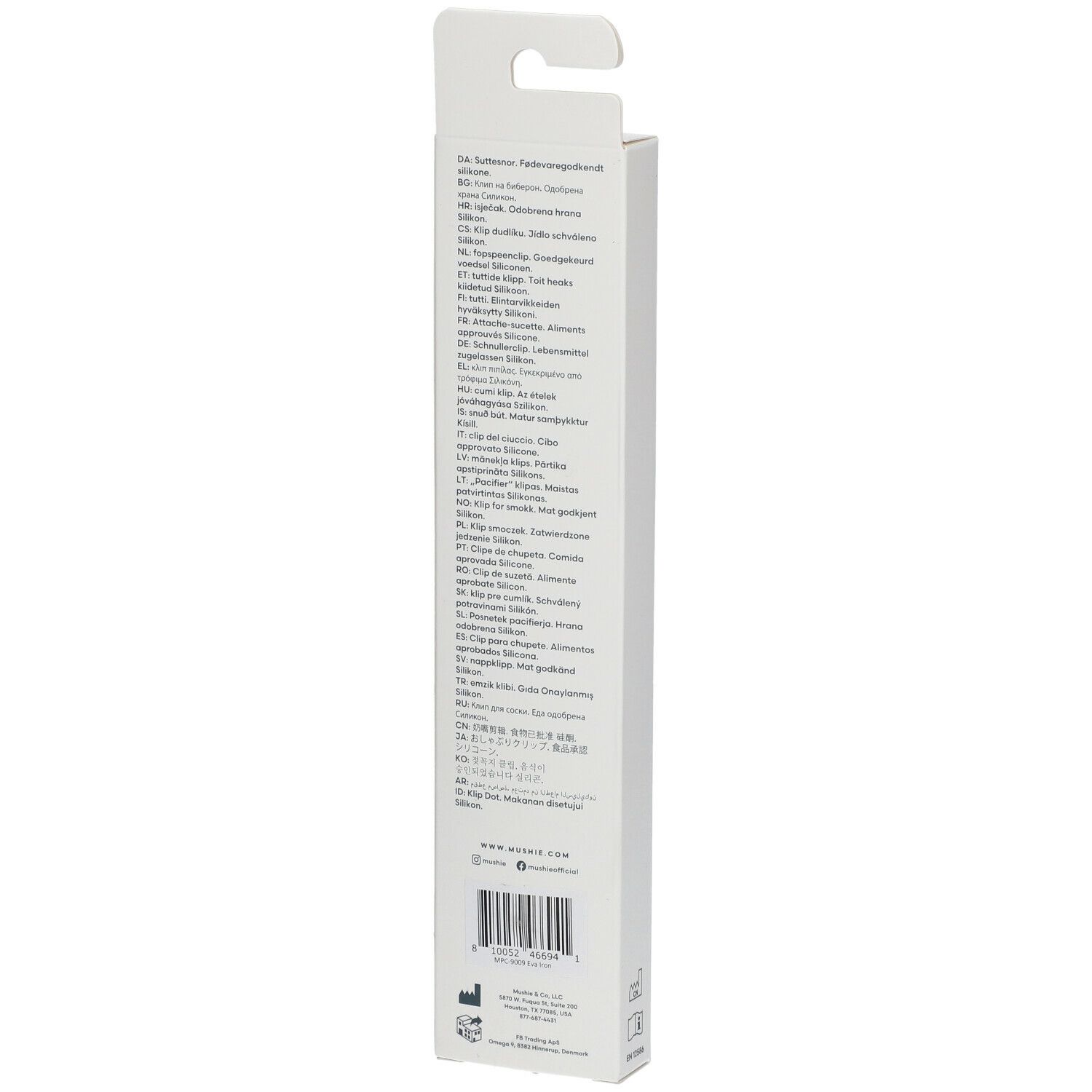 Rückseite der weißen Verpackung mit Text in mehreren Sprachen. Enthält Informationen zum Produkt.