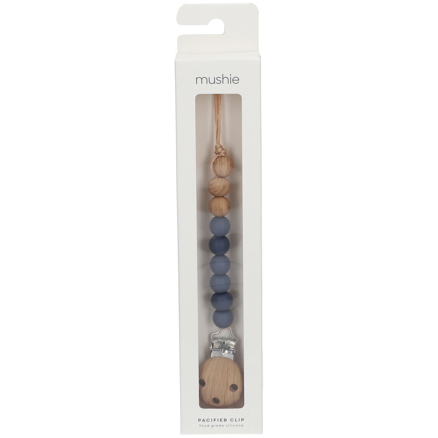 Schnullerkette mit Holzperlen und blauen Silikonperlen in weißer Verpackung. Marke: mushie.