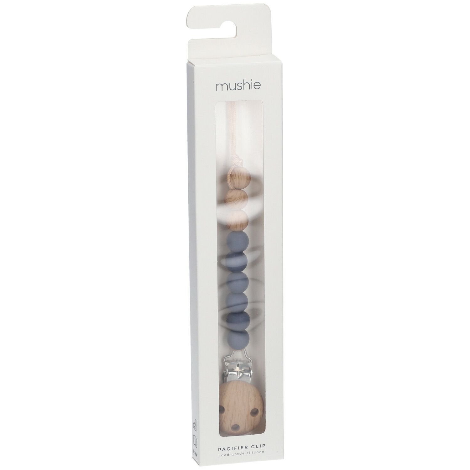 Schnullerkette mit Holzperlen und blauen Silikonperlen in weißer Verpackung. Marke: mushie.