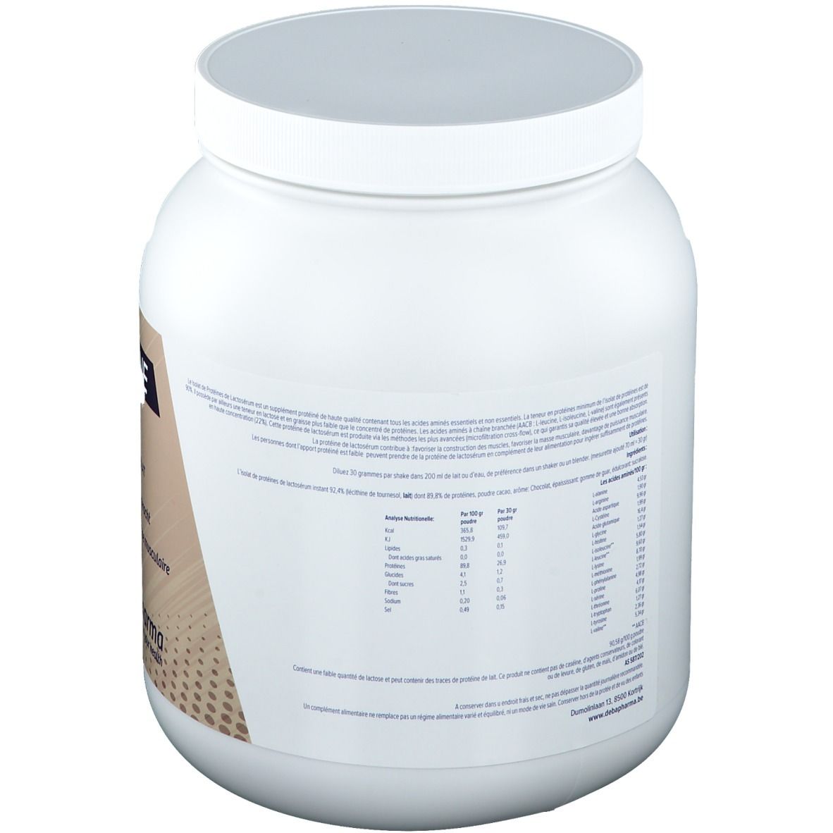 Récipient blanc avec couvercle. Dos avec texte et informations nutritionnelles.