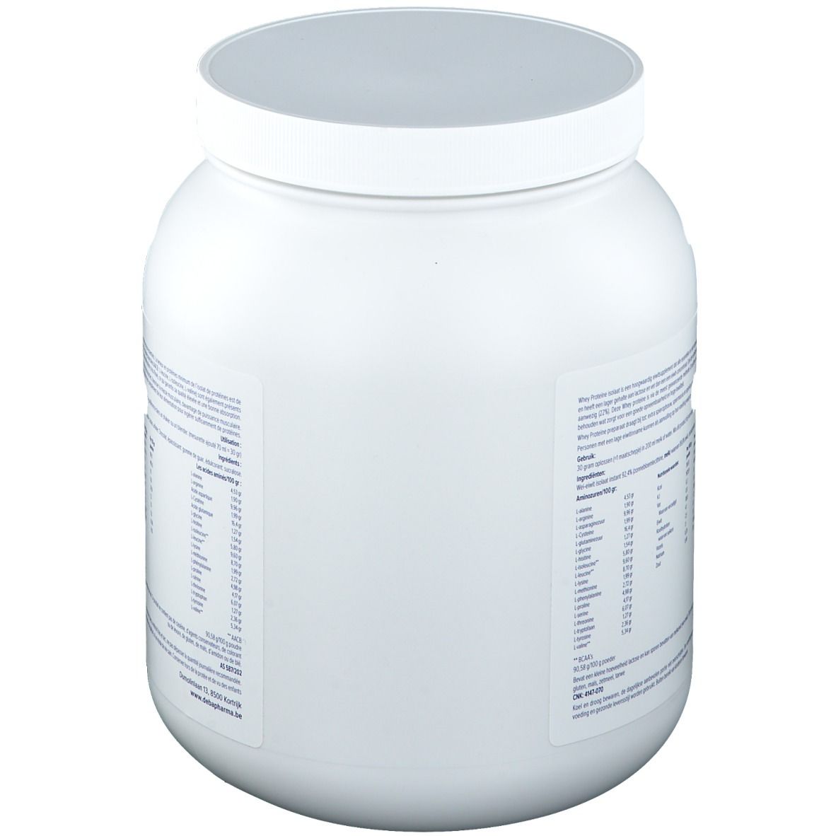 Récipient blanc avec couvercle. Dos avec texte et informations nutritionnelles.