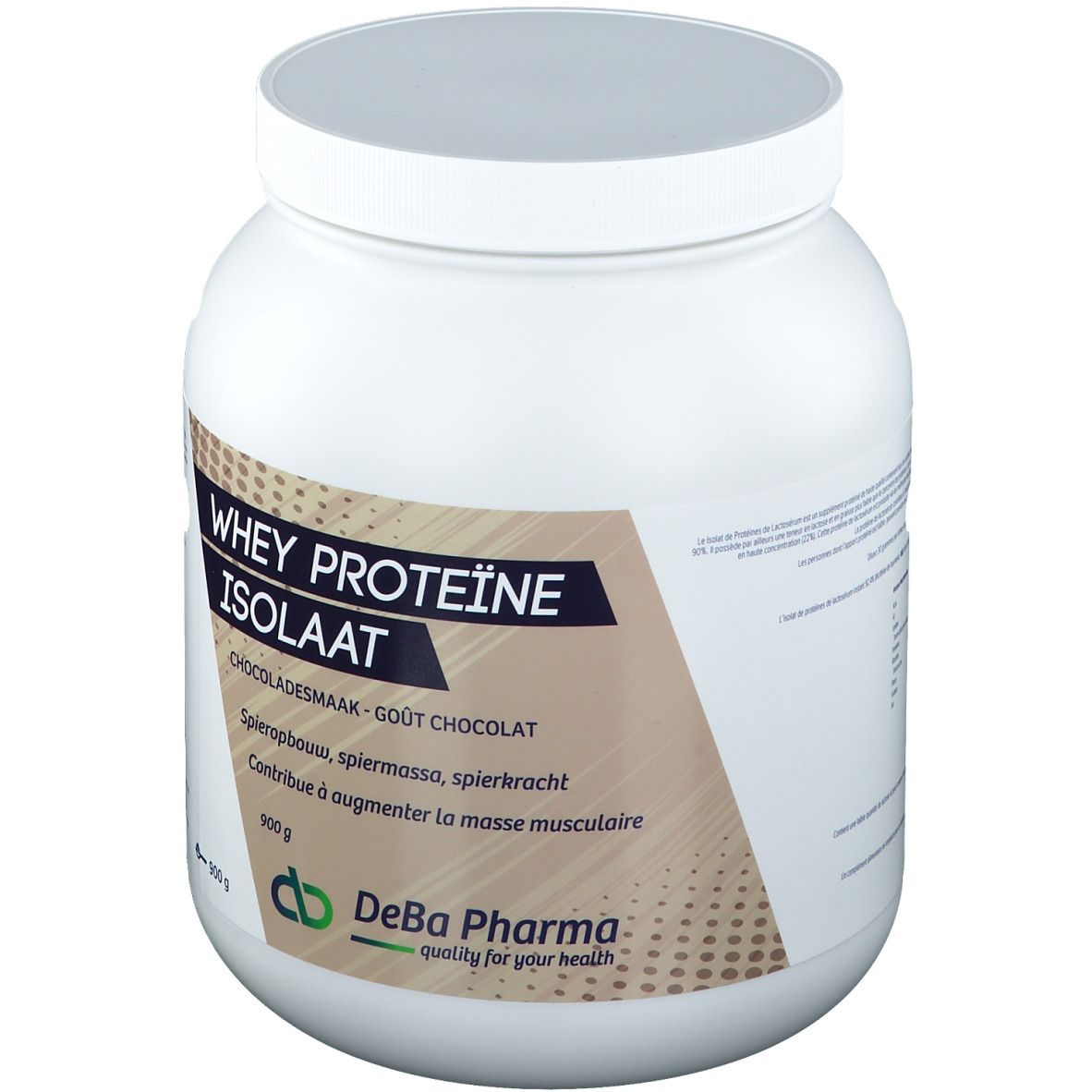 Récipient blanc avec couvercle. Étiquette avec texte: Whey Proteïne Isolaat, Chocoladesmaak, logo DeBa Pharma.
