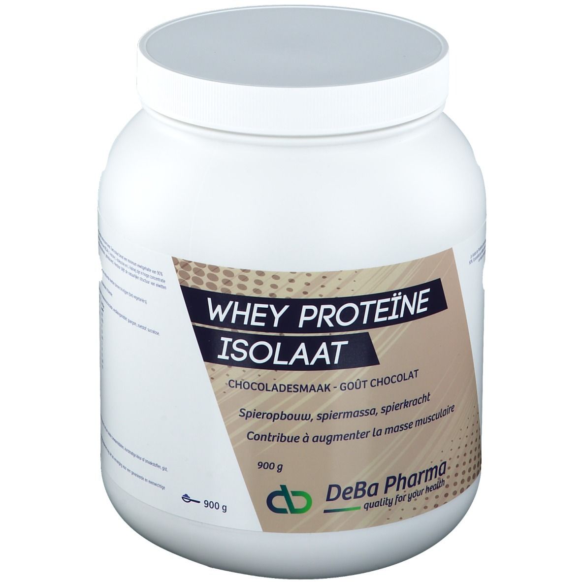 Récipient blanc avec couvercle. Étiquette avec texte: Whey Proteïne Isolaat, Chocoladesmaak, logo DeBa Pharma.
