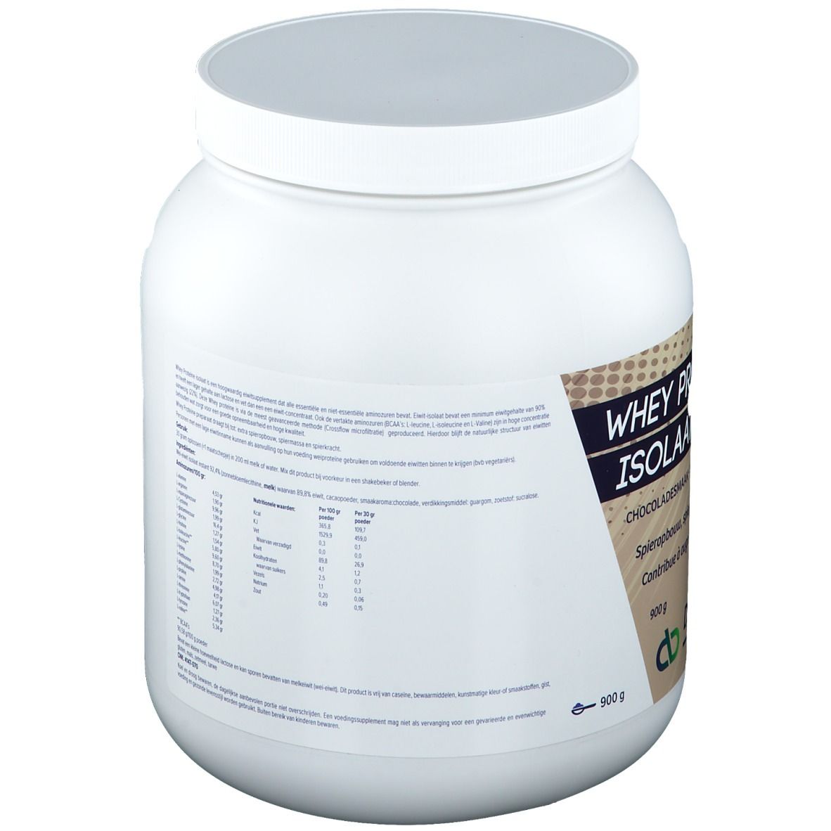 Récipient blanc avec couvercle. Étiquette avec texte: Whey Proteïne Isolaat, Chocoladesmaak, logo DeBa Pharma.