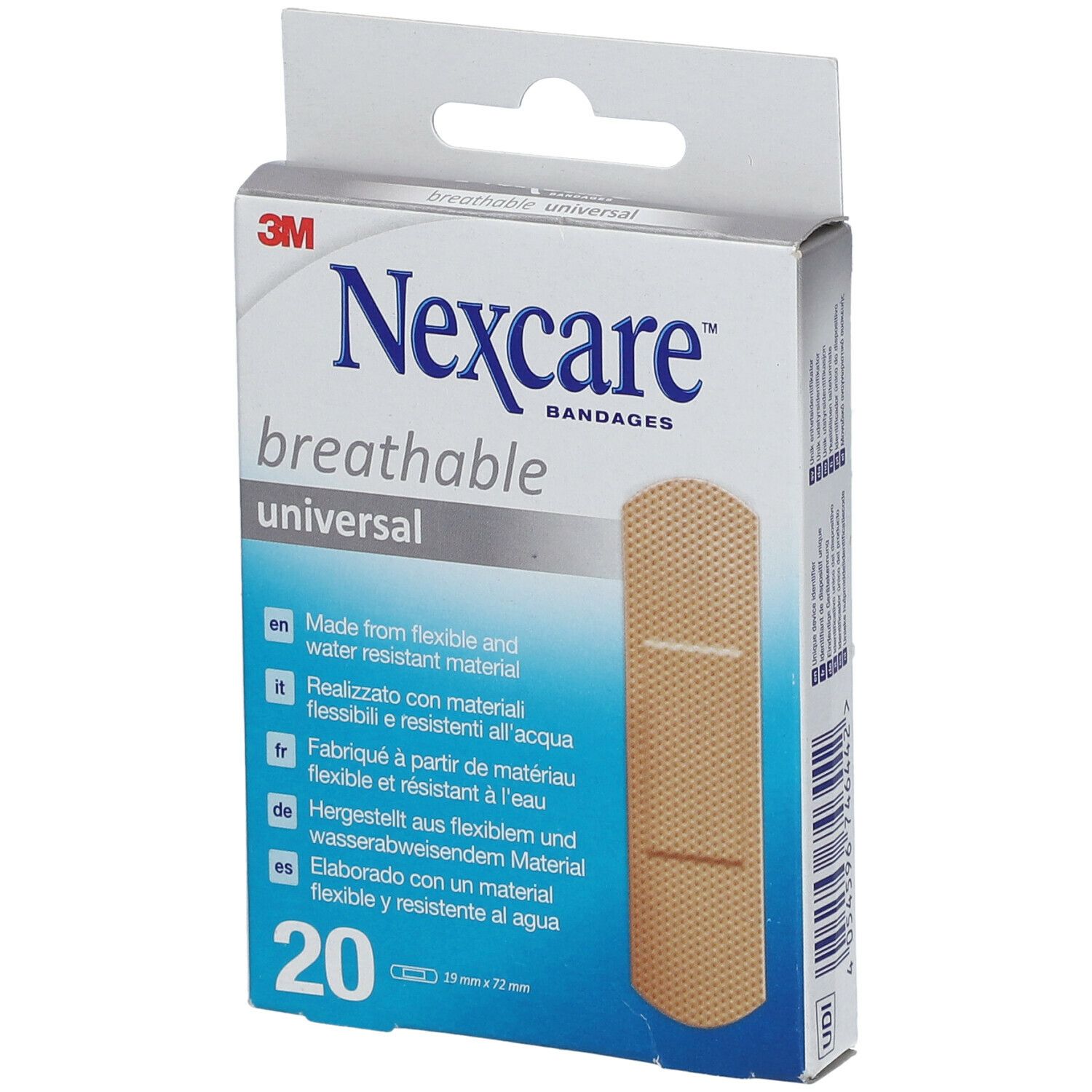 Verpakking Nexcare breathable universal pleisters. 20 stuks, 19mm x 72mm. Flexibel en waterbestendig.