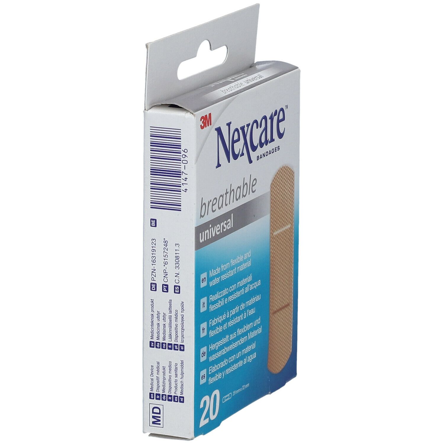 Zijaanzicht van de Nexcare breathable universal pleisterverpakking. Barcode en productinfo.