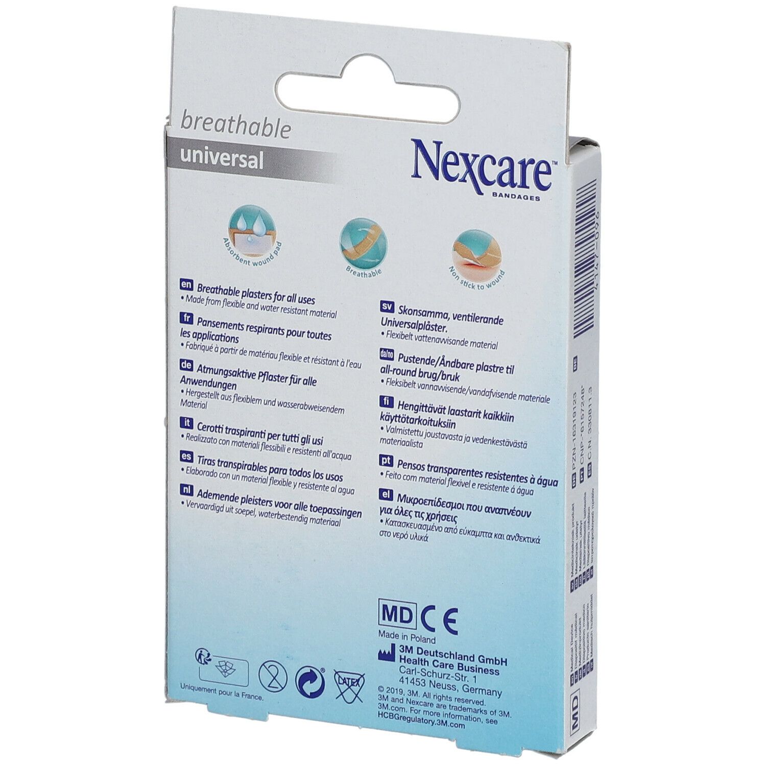 Achterkant van de Nexcare breathable universal pleisterverpakking. Productkenmerken en certificeringen.