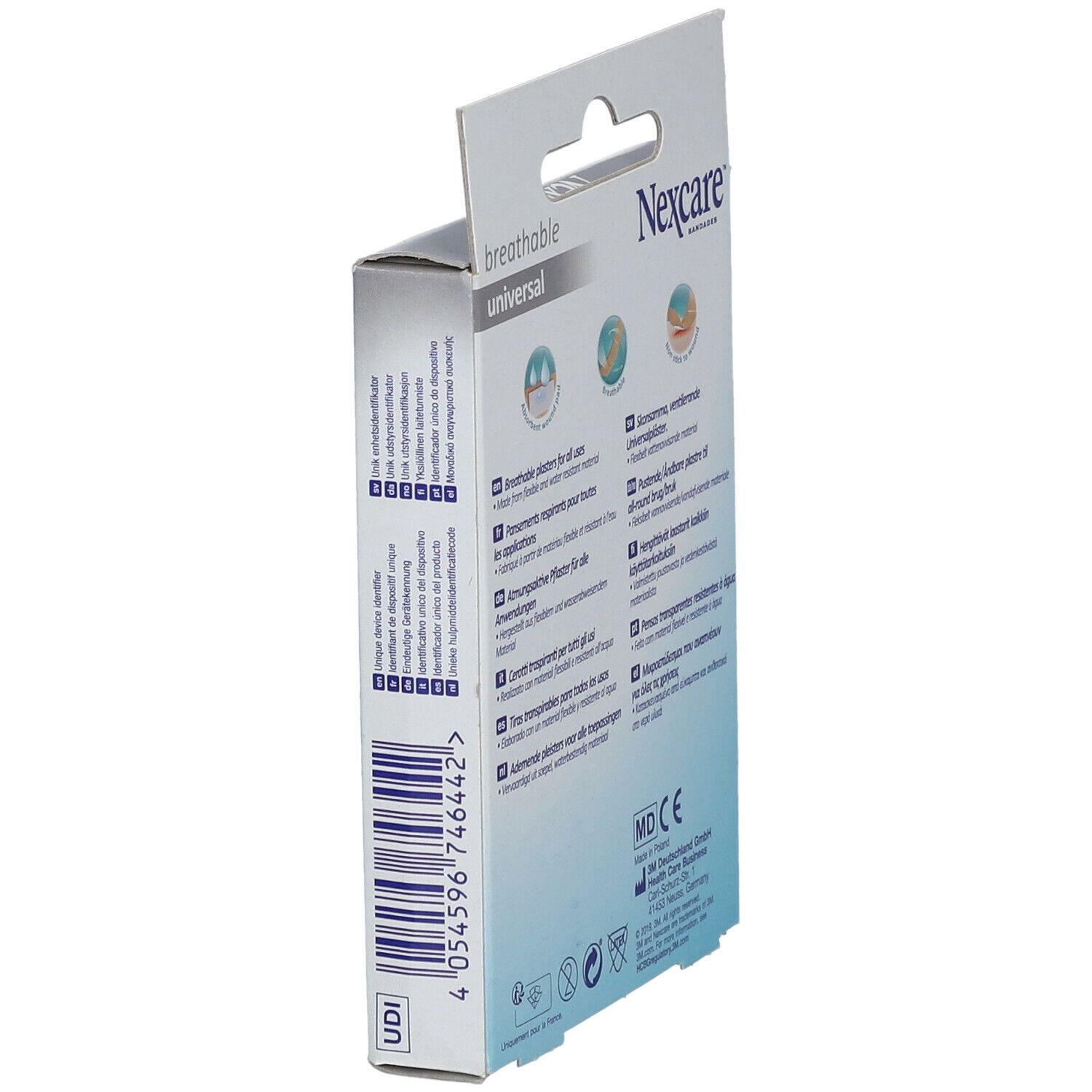Zijaanzicht van de Nexcare breathable universal pleisterverpakking. Productinfo en certificeringen.