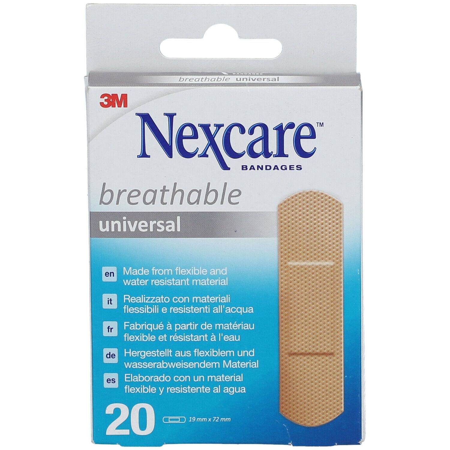 Vooraanzicht van de Nexcare breathable universal pleisterverpakking. 20 pleisters, 19mm x 72mm.