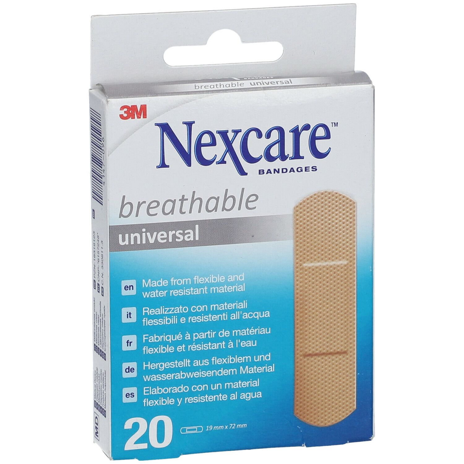 Vooraanzicht van de Nexcare breathable universal pleisterverpakking. 20 pleisters, 19mm x 72mm.