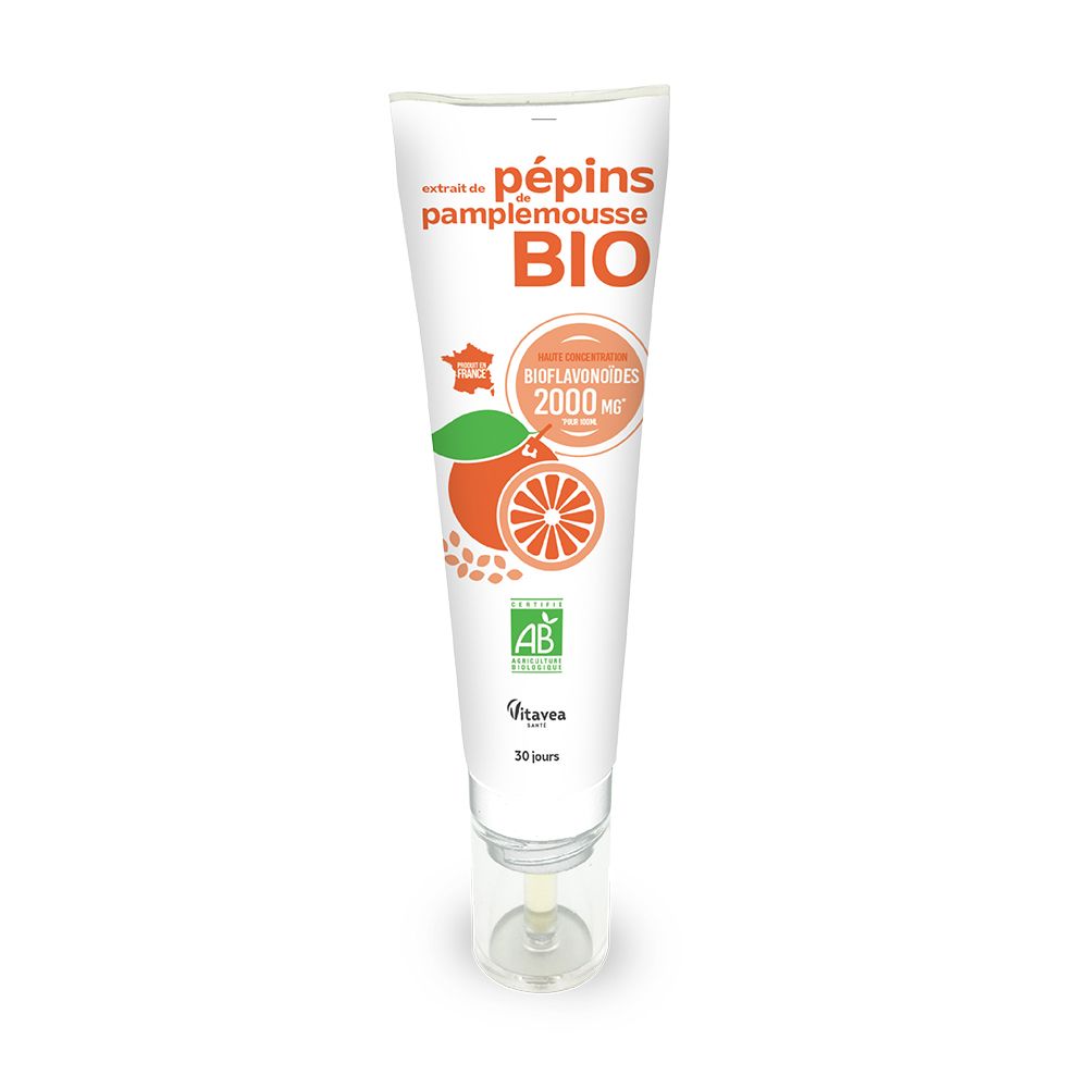 Tube blanc et orange avec indication produit et label bio. Contient 2000 mg bioflavonoïdes. Avec applicateur.
