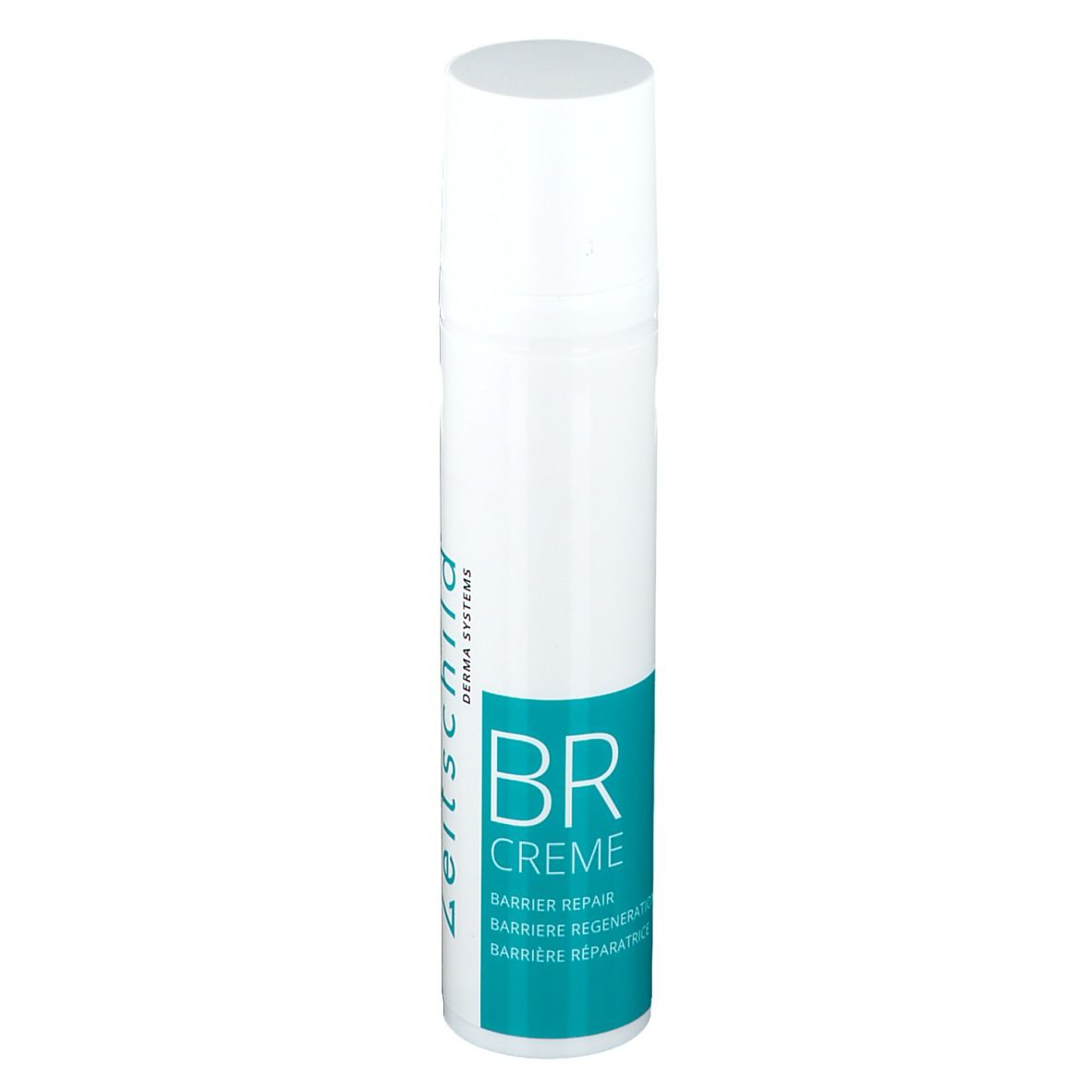Witte fles met blauwgroen etiket. Opschrift: BR CREME, Barrière Repair. Witte dop.