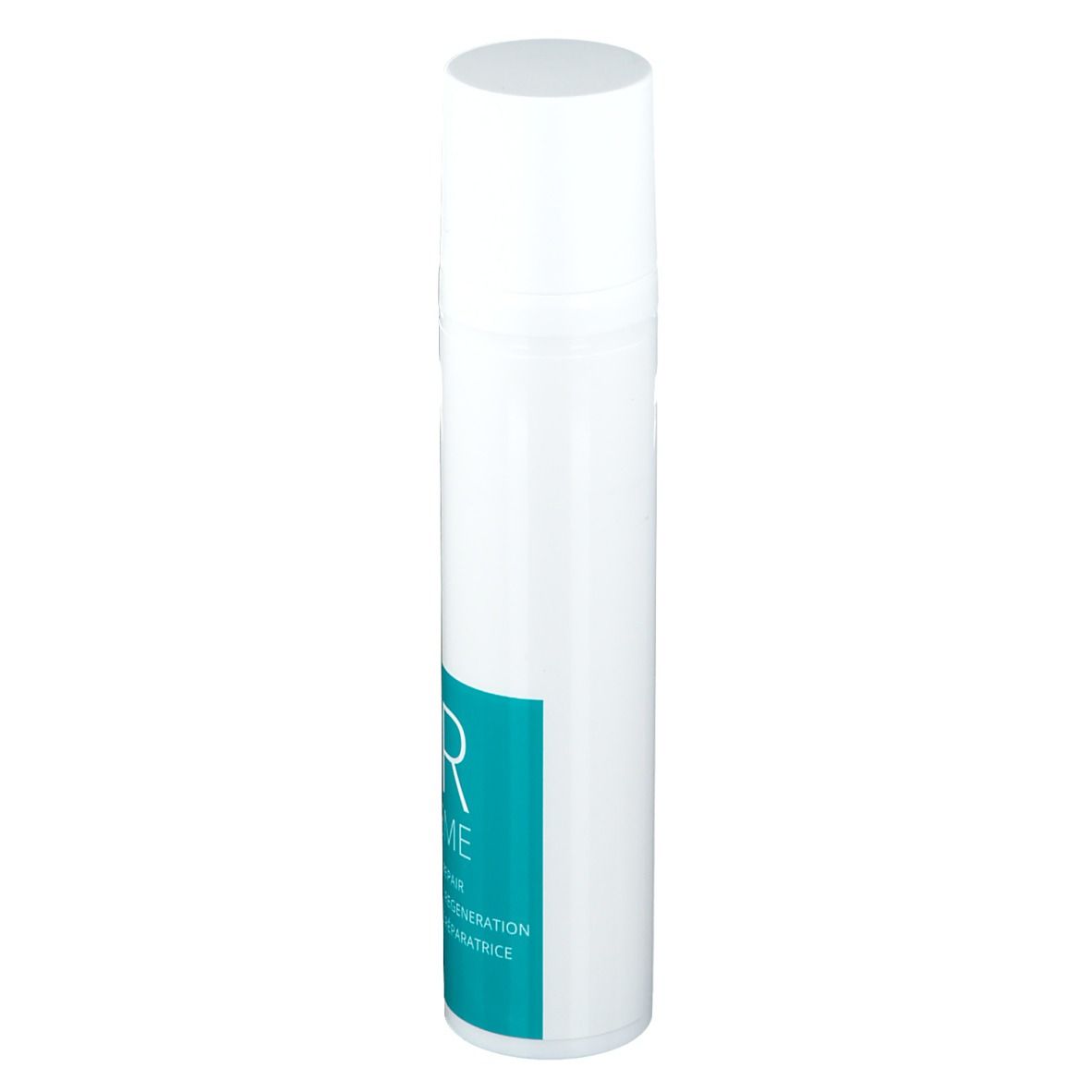 Witte fles met blauwgroen etiket. Opschrift: BR CREME, Barrière Repair. Witte dop.