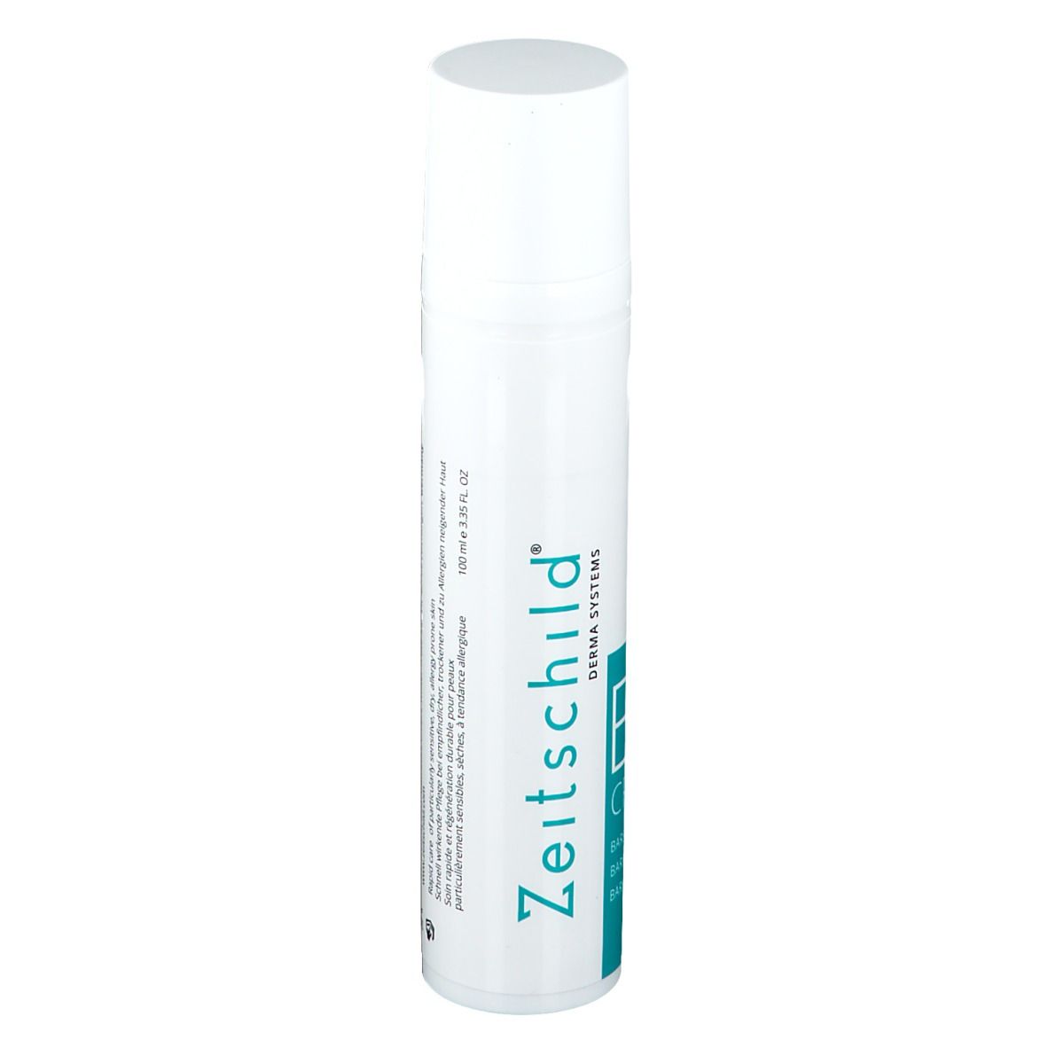 Witte fles met blauwgroen etiket. Opschrift: Zeitschild, BR CREME. Witte dop.