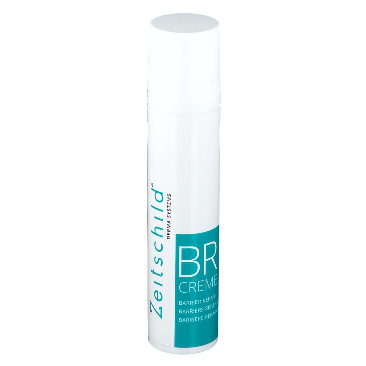 Witte fles met blauwgroen etiket. Opschrift: Zeitschild, BR CREME. Witte dop.