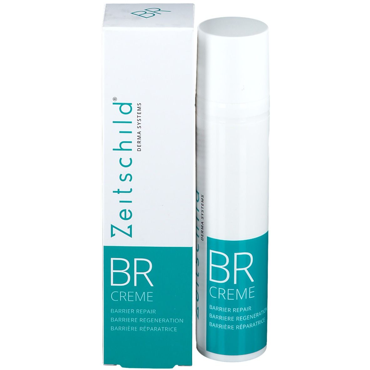 Product met verpakking. Witte fles en doos. Opschrift: Zeitschild, BR CREME. Witte dop.