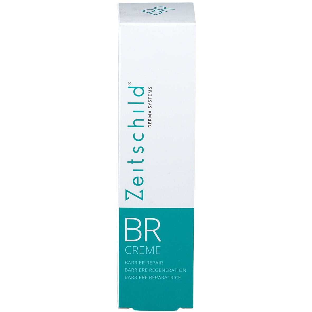 Witte doos met blauwgroen etiket. Opschrift: Zeitschild, BR CREME. Tekst in het Duits en Frans.