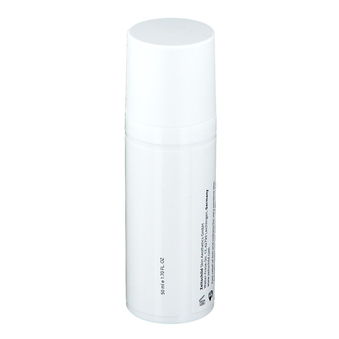 Flacon blanc avec bouchon blanc. Inscription : 50 ml e 1.7 fl. oz. Texte en allemand.
