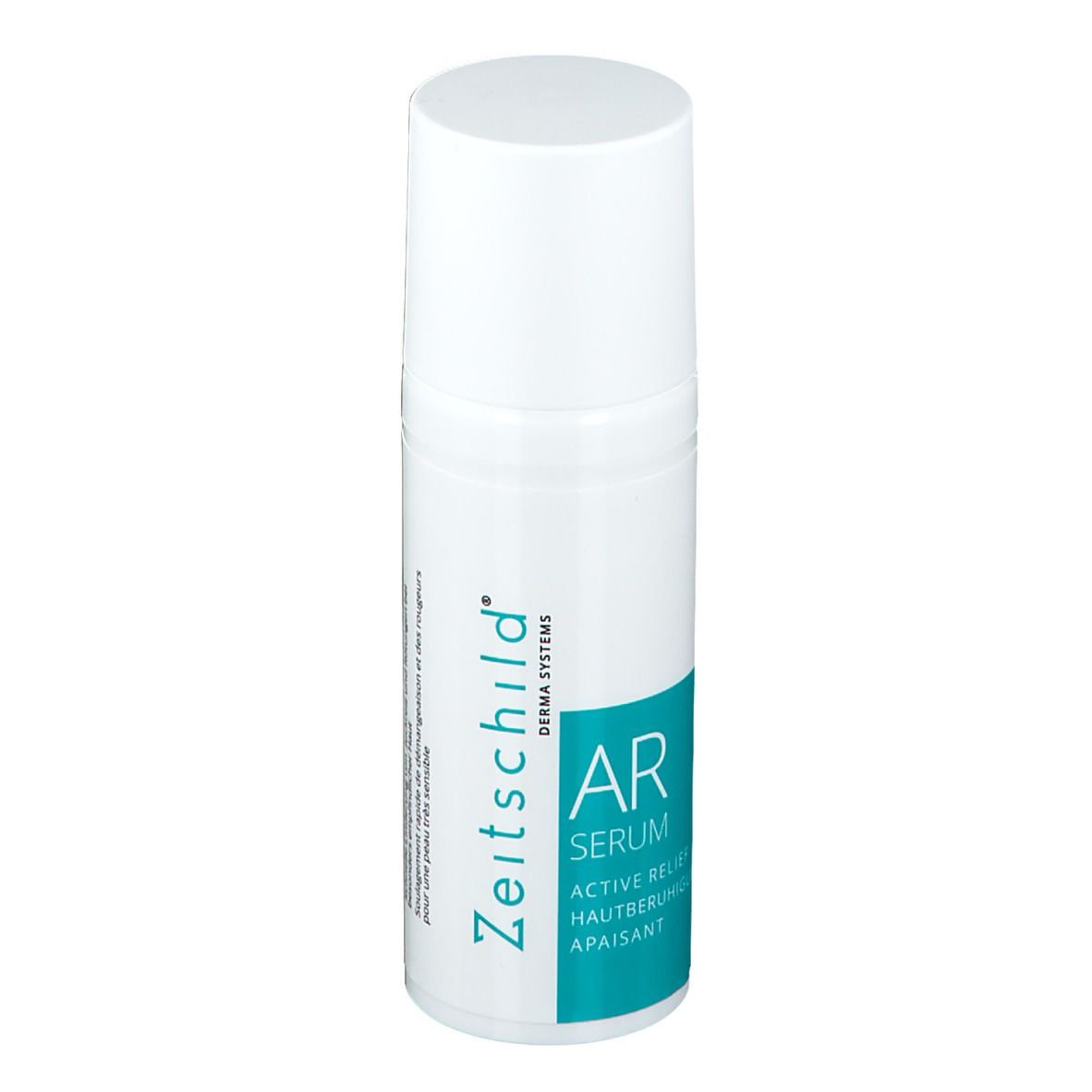 Flacon blanc avec étiquette bleue. Inscription : Zeitschild, AR Serum, Active Relief, Apaisant.
