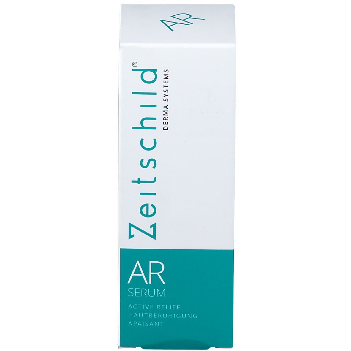 Emballage blanc du produit. Inscription : Zeitschild, AR Serum, Active Relief, Apaisant.