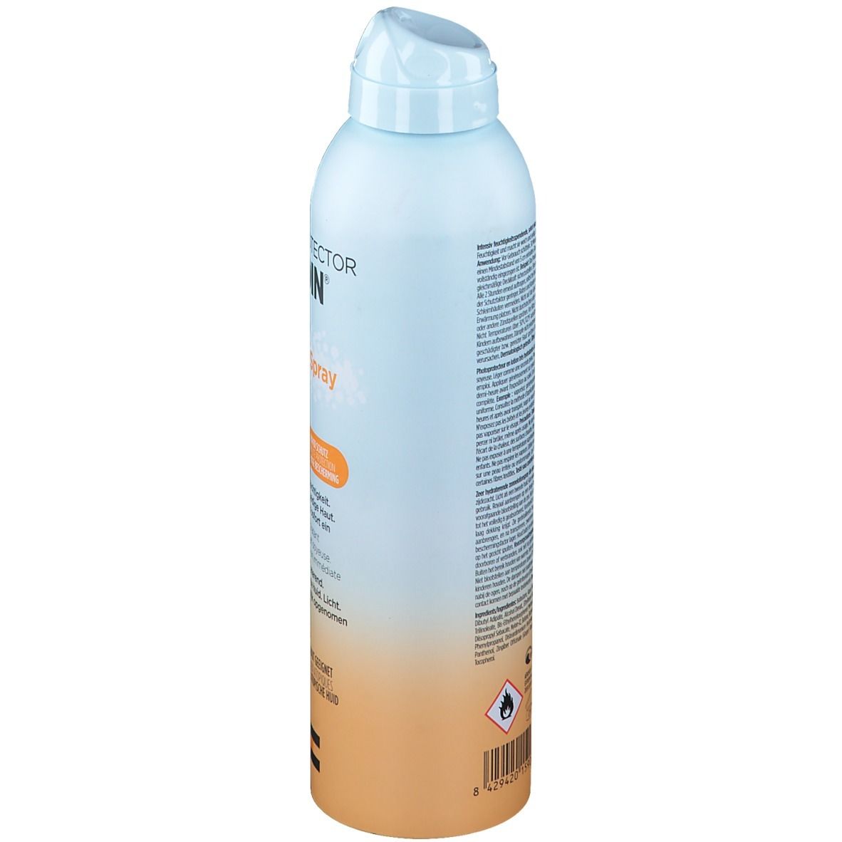 Flacon spray bleu clair et orange. Texte: ISDIN, Protector. Code-barres et pictogrammes. Inscription: Lotion Spray.