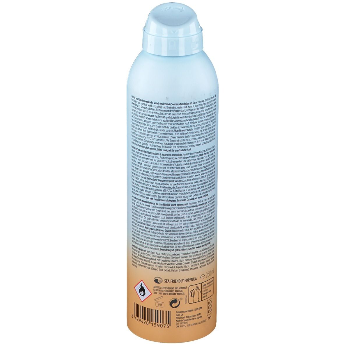 Dos du flacon spray. Texte et pictogrammes. Dégradé de bleu clair à orange. Code-barres en bas.