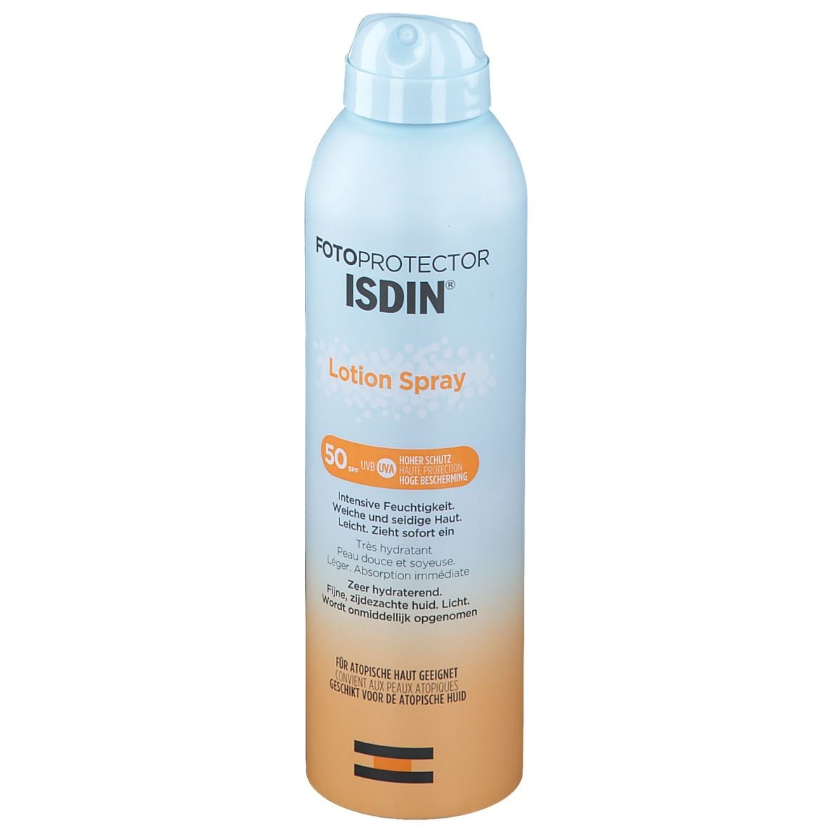 Flacon spray bleu clair et orange. Texte: ISDIN, Fotoprotector, Lotion Spray. SPF50+. Convient aux peaux atopiques.